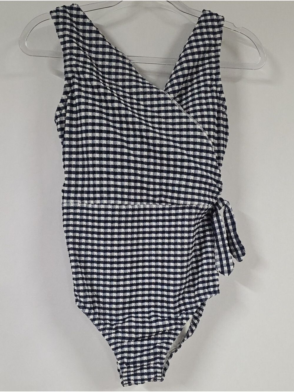Land's End Women's Gingham Surplice V-Neck One Piece Swimsuit Adj. Straps, Sz 10